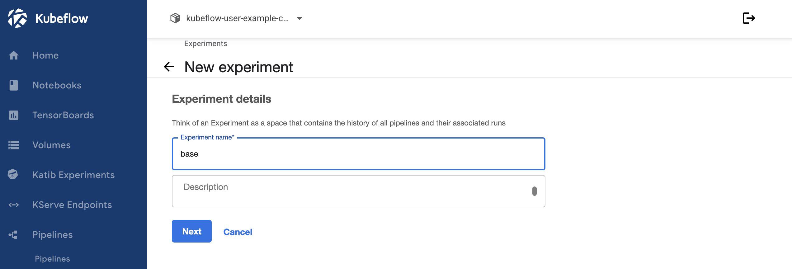 Screenshot of the New Experiment page within Kubeflow Screenshot of the New Experiment page within Kubeflow