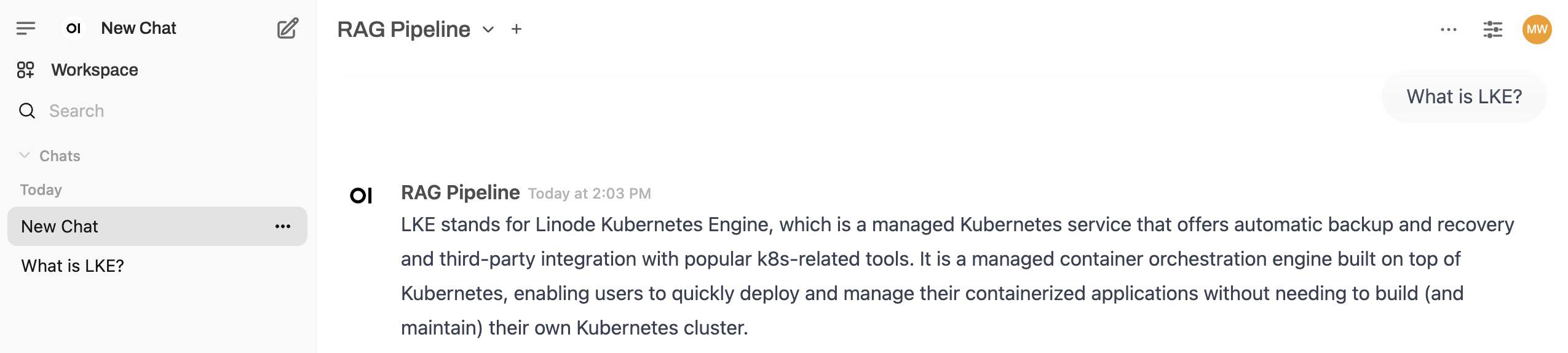 Screenshot of a RAG Pipeline query in Open WebUI Screenshot of a RAG Pipeline query in Open WebUI