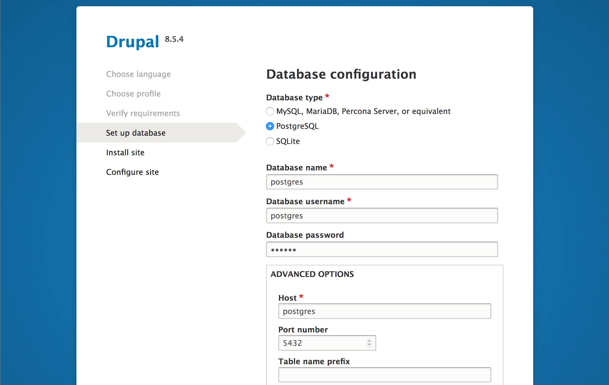 Drupal setup screen in the web browser - 'Set up database' page Drupal setup screen in the web browser - Set up database page