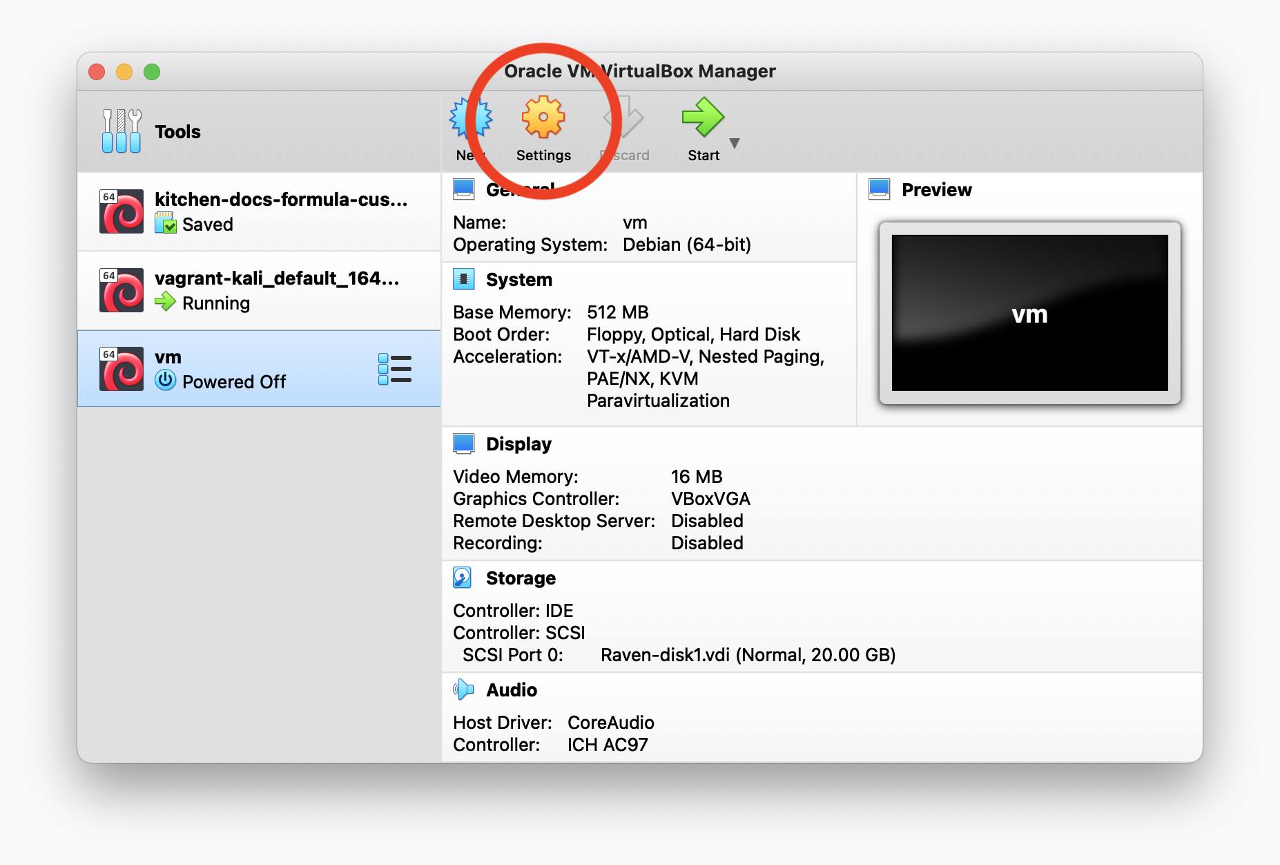 VirtualBox VM List - Raven VM Settings Button Highlighted VirtualBox VM List - Raven VM Settings Button Highlighted