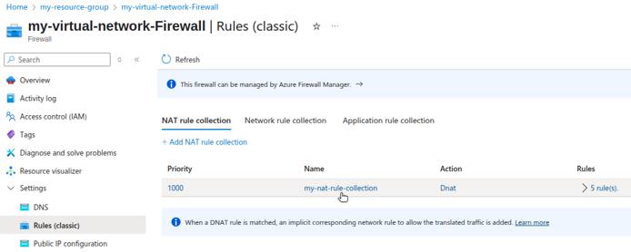 Azure Portal NAT rule collection page.