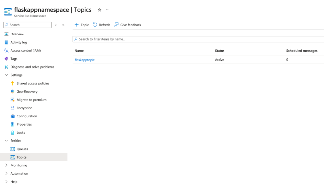 The Azure Service Bus Console UI showing current topic subscribers.