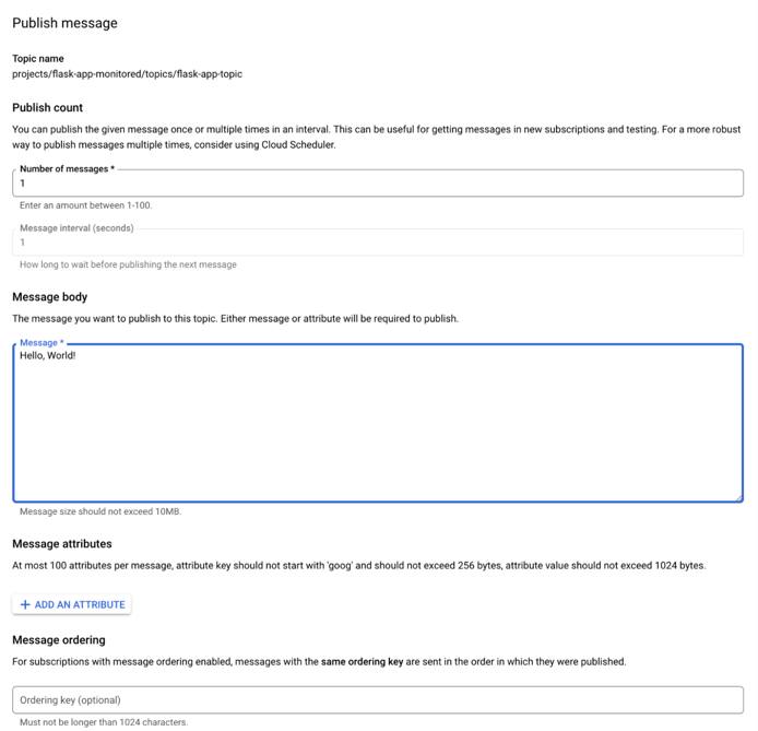 The GCP Pub/Sub UI for publishing messages to a topic.