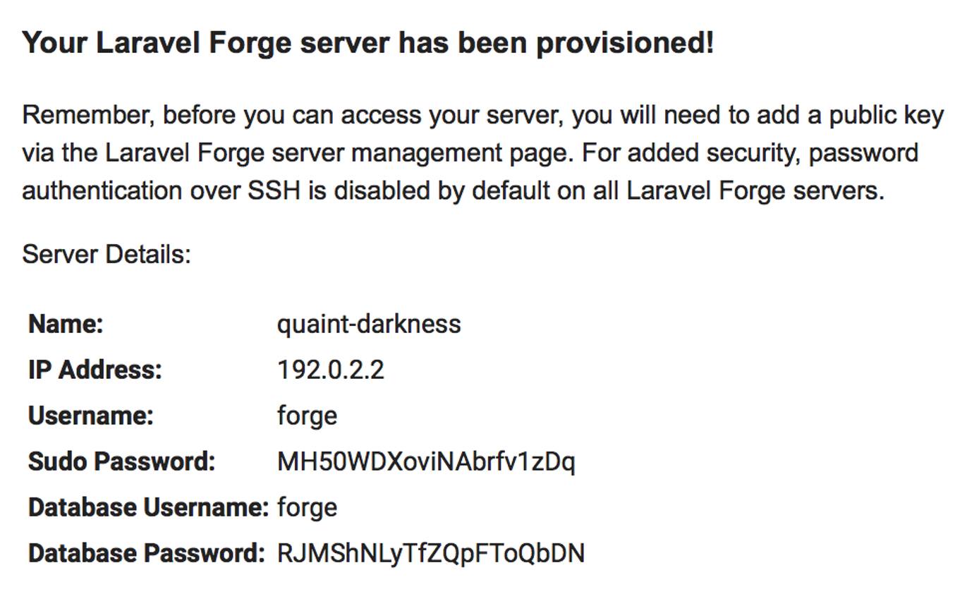 An email confirmation for your new Forge-created server Email Confirmation